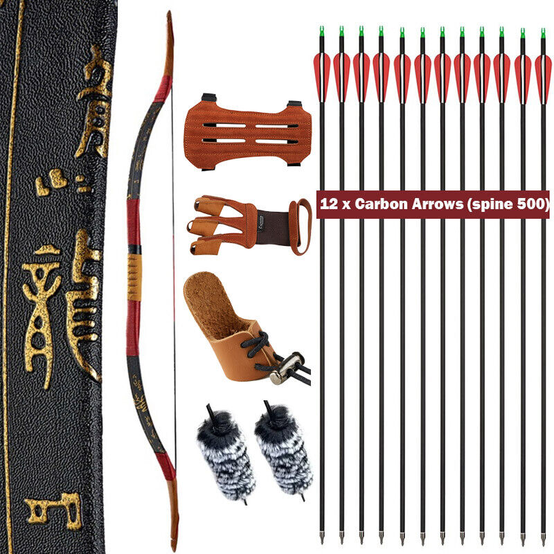 🎯Traditional Archery Recurve Bow Longbow Horsebow & Arm guard & Carbon Arrows