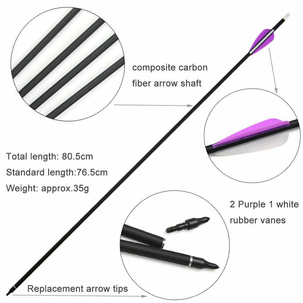 🎯Pfeile aus gemischtem Carbon, 31 Zoll, parabolisch, violett befiedert, Bogenschießenpfeile